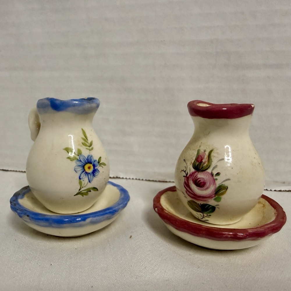Vintage Dollhouse Wash Pitcher Porcelain 2" Miniature Hand Painted Pair 2 Floral